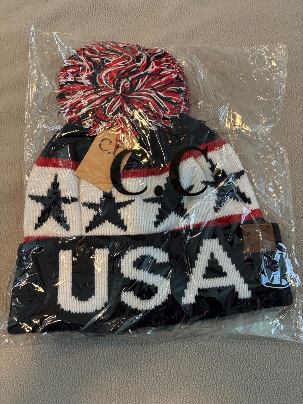 C.C USA Knit Pom Beanie - Red, White & Black